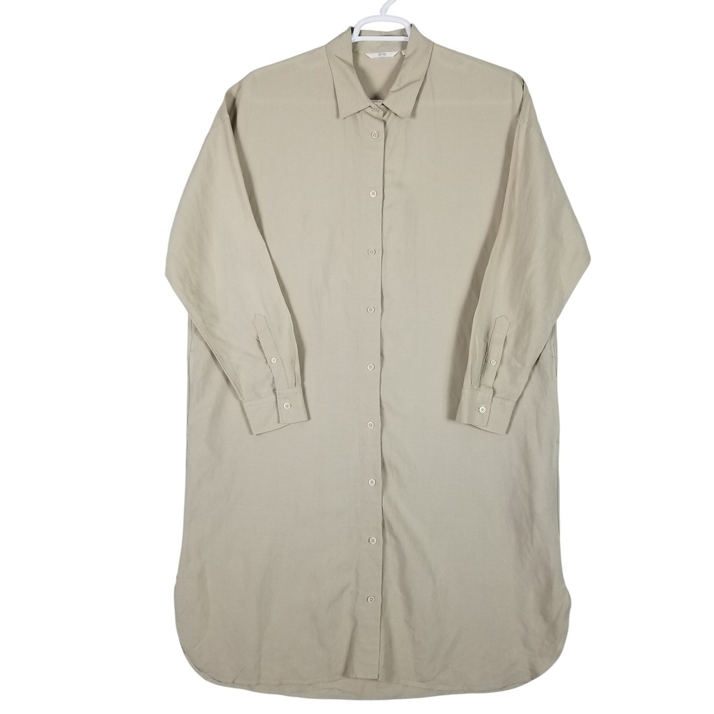 Uniqlo Shirt Dress Womens L Beige Linen Blend Long Sleeve Relaxed 427504